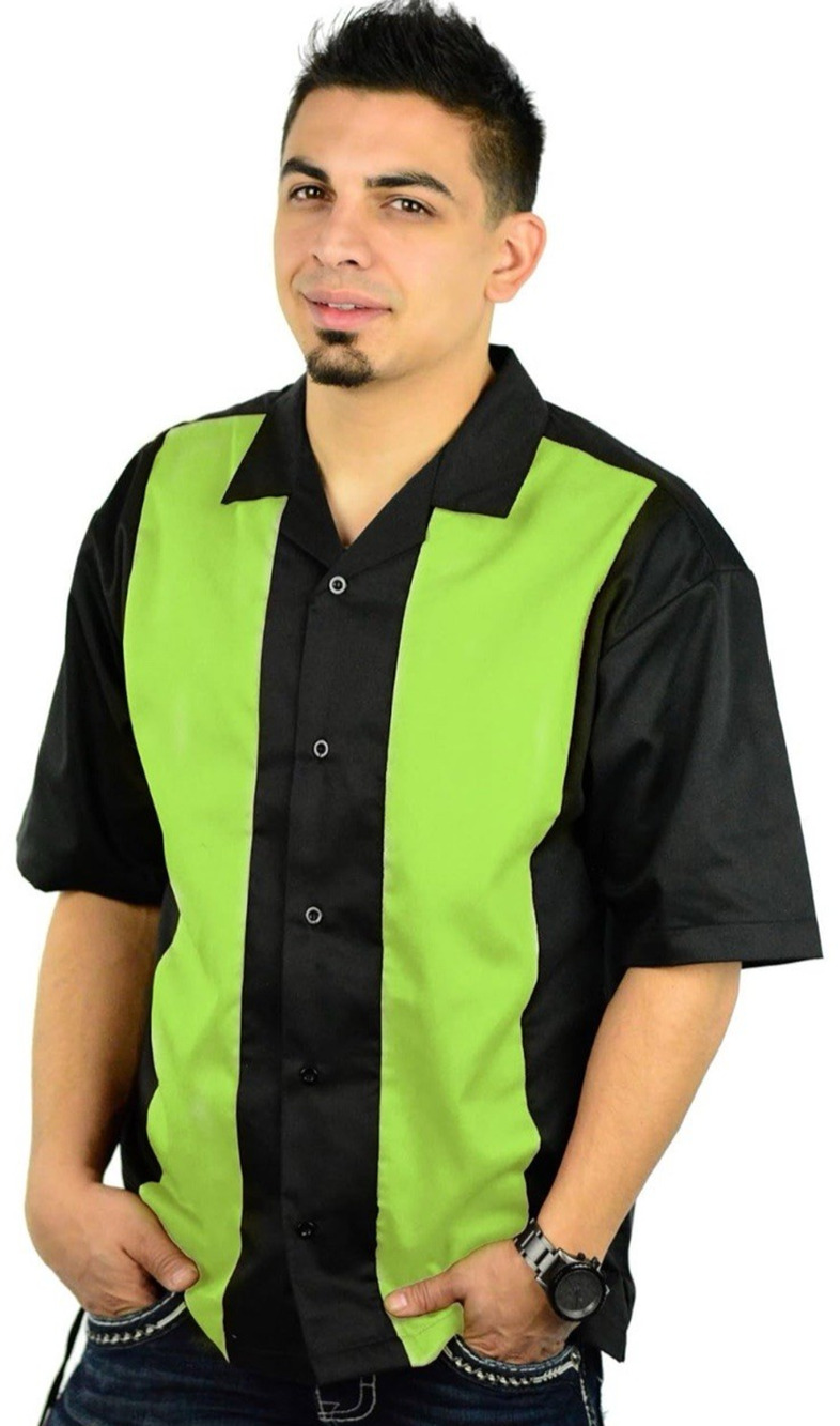 Mato & Hash Men's Large Camp Shirt Lime Green Black Retro Bowling NWT Short Slee